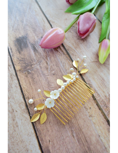 Peigne à cheveux pour la mariée modèle Lilas, peigne à feuilles dorées