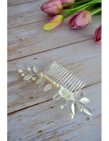 Peigne à cheveux pour la mariée modèle Lilas, peigne à feuilles dorées