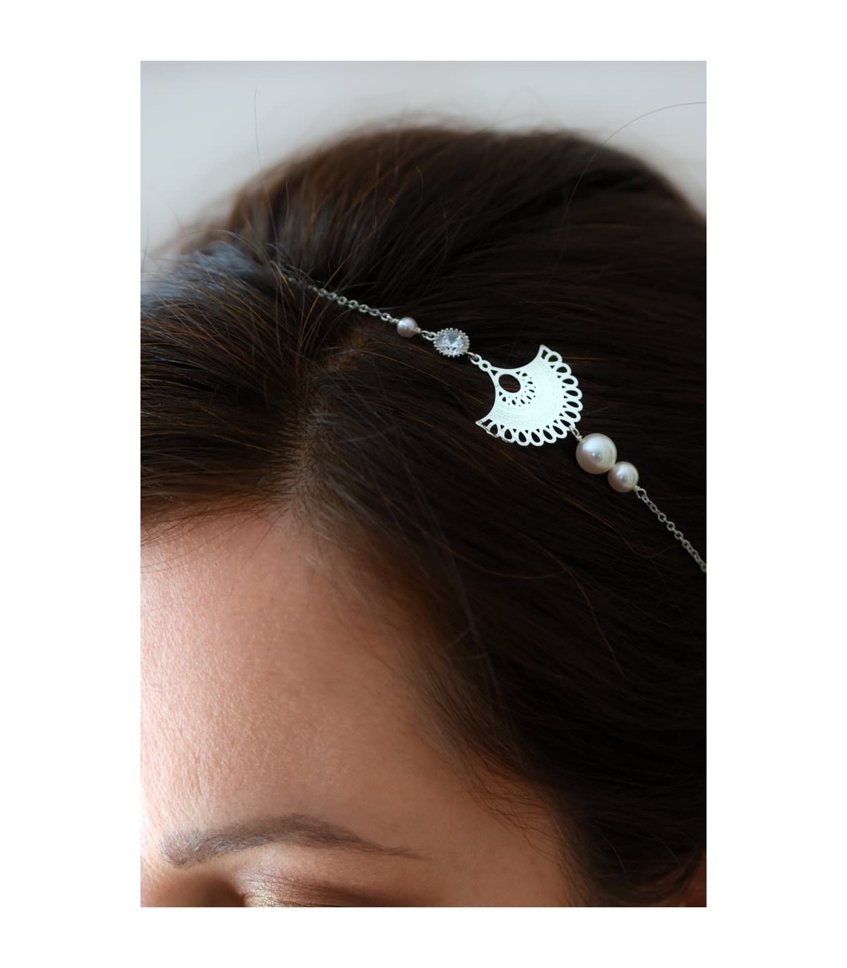 Headband mariage Valse avec éventail, perles et cristaux swarovski