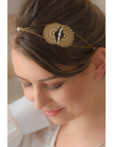 Headband pour la mariée très travaillé, doré avec des estampes