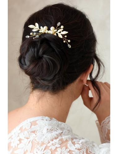 2 pics à feuilles et perles de cristal pour chignon de mariée bohême