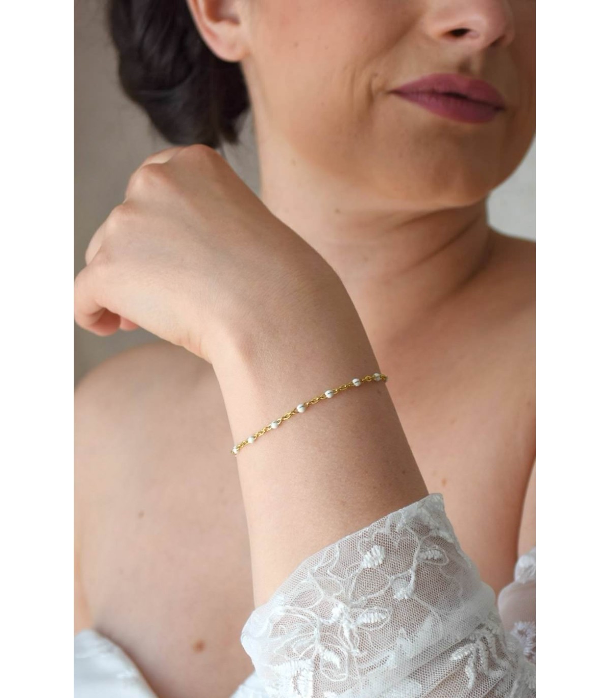 Bracelet Louisiane en chaine acier inox et résine blanche pour la mariée