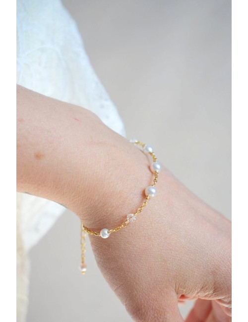 Bracelet pour la mariée modèle Clélie, perles et strass sur chaine