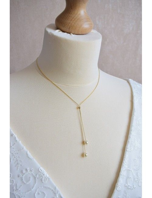 Collier de mariage Escale en forme de Y avec une chaine fine + perles