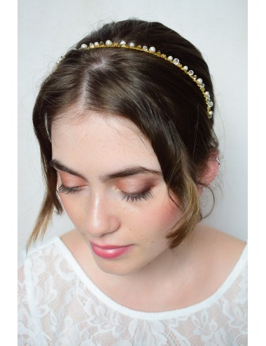 Headband pour la mariée bohème, avec perles et feuille dorée.