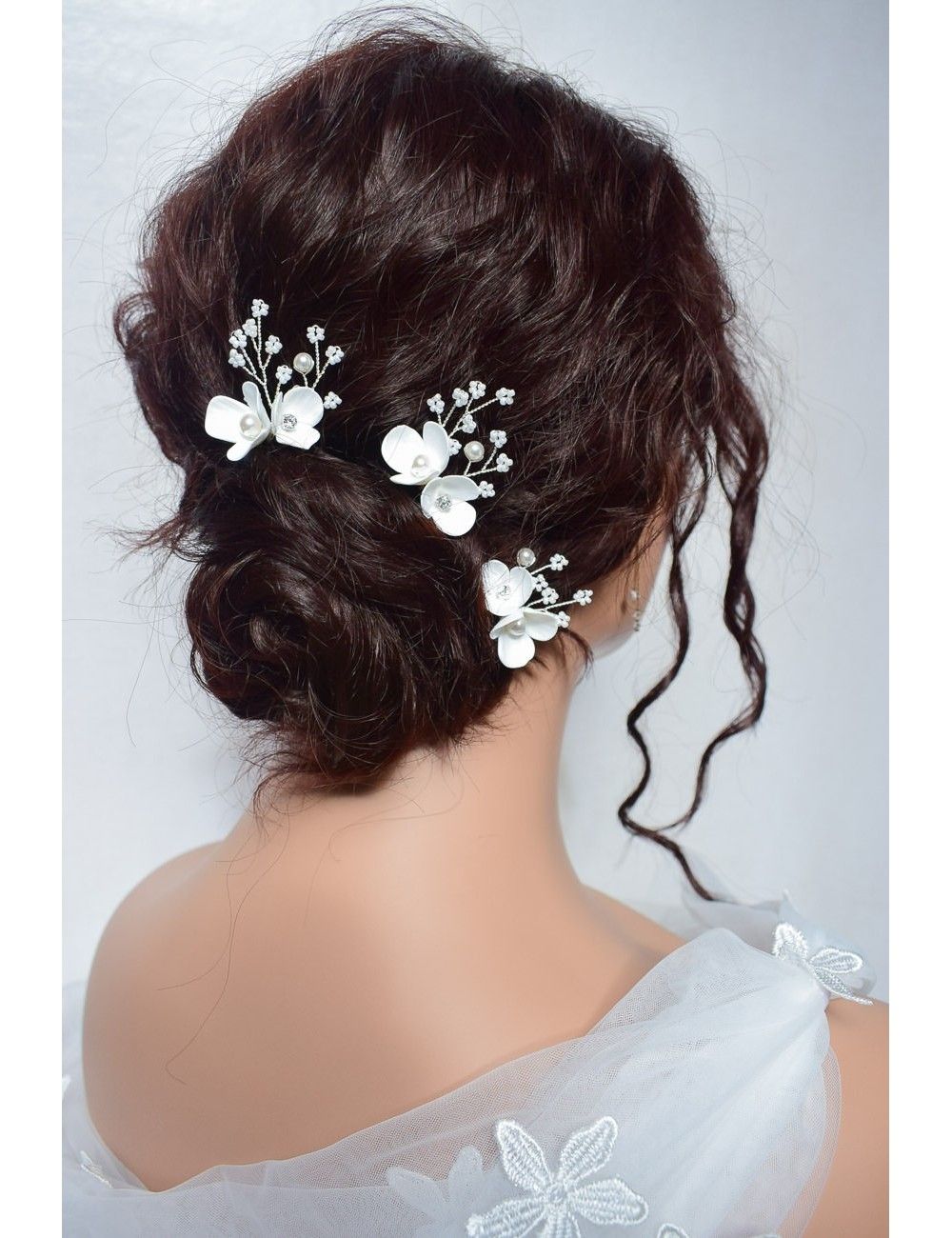 3 pics à cheveux Milan pour le chignon de la mariée avec fleurs et per