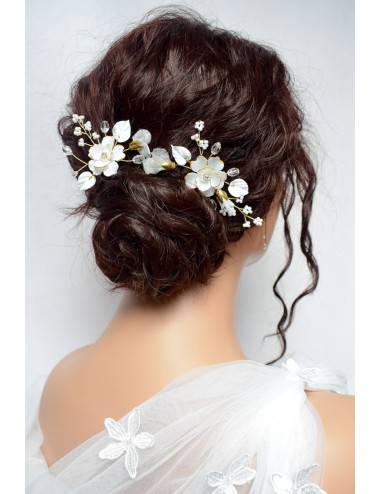 2 pics à feuilles et perles de cristal pour chignon de mariée bohême